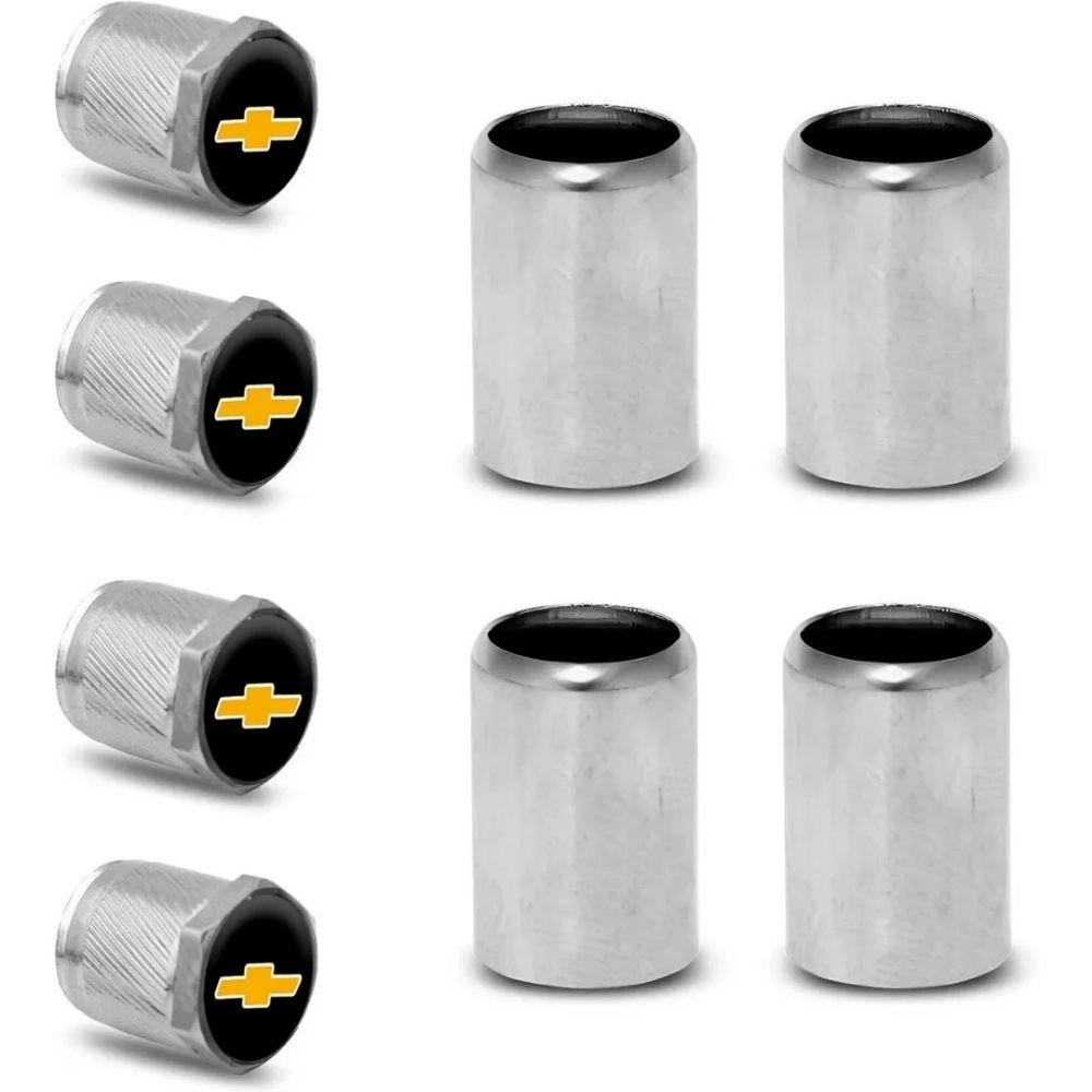 Jogo de Capas de Válvula (Bico de Pneu) RRT para Chevrolet Cromado com Emblema 3D Preto
