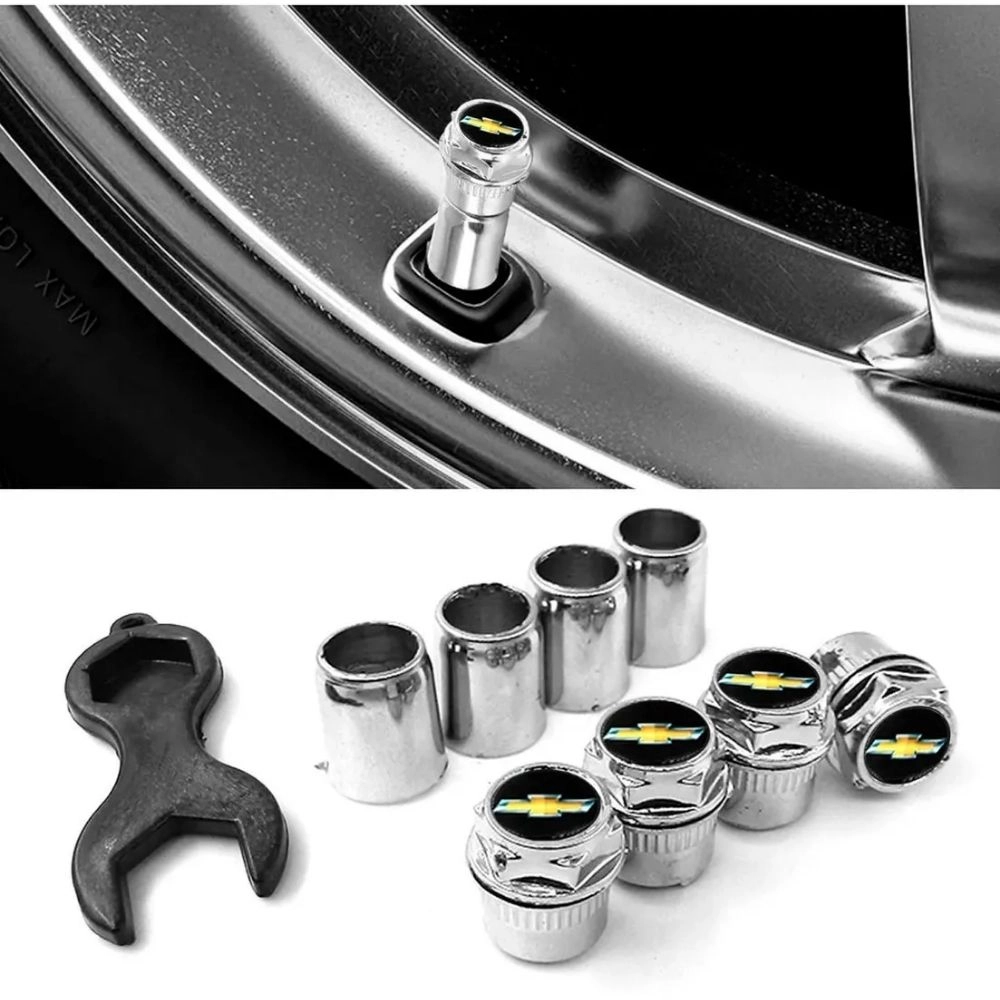 Jogo de Capas de Válvula (Bico de Pneu) RRT para Chevrolet Cromado com Emblema 3D Preto