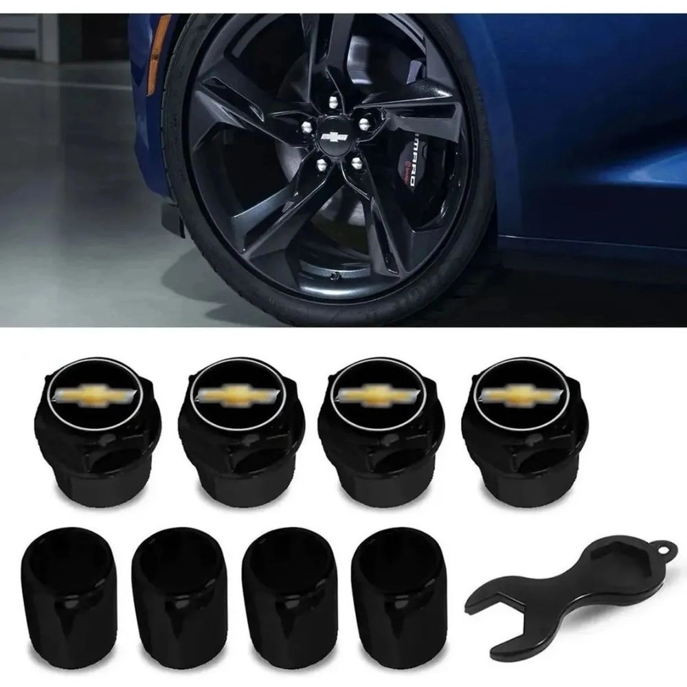 Jogo de Capas de Válvula (Bico de Pneu) RRT para Chevrolet Preto com Emblema 3D Preto